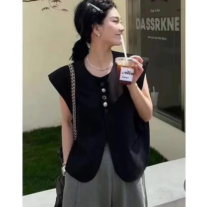 Beige loose-fit women's waistcoat with pockets on a hanger, showing short 40cm length and V-neck design.
