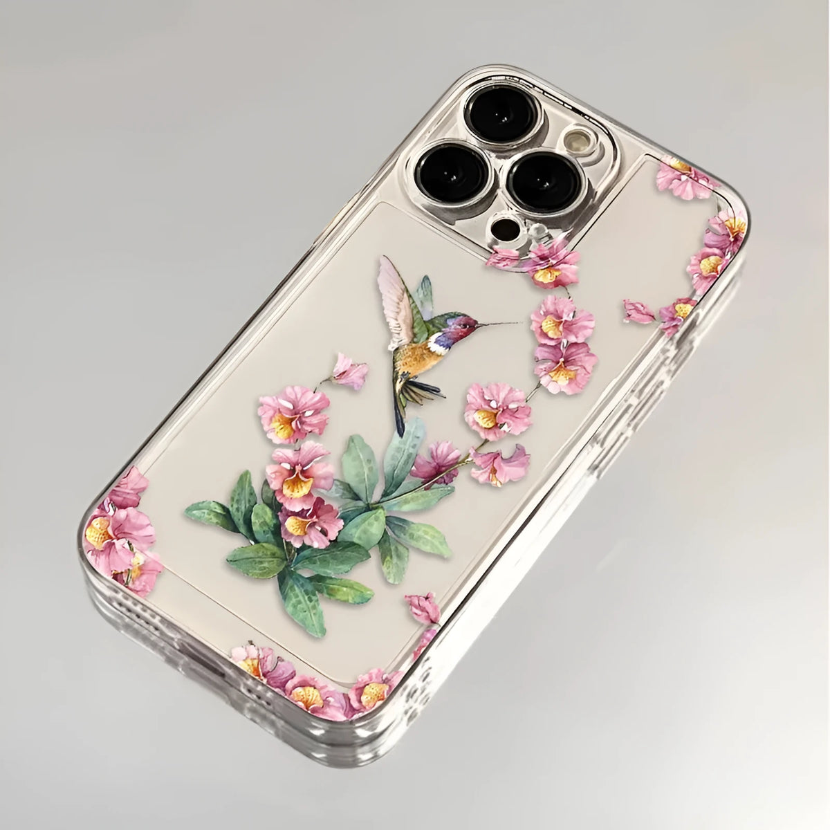 Flower Magpie fine hole all-inclusive TPU iPhone case in transparent or transparent black, shockproof and anti-fingerprint