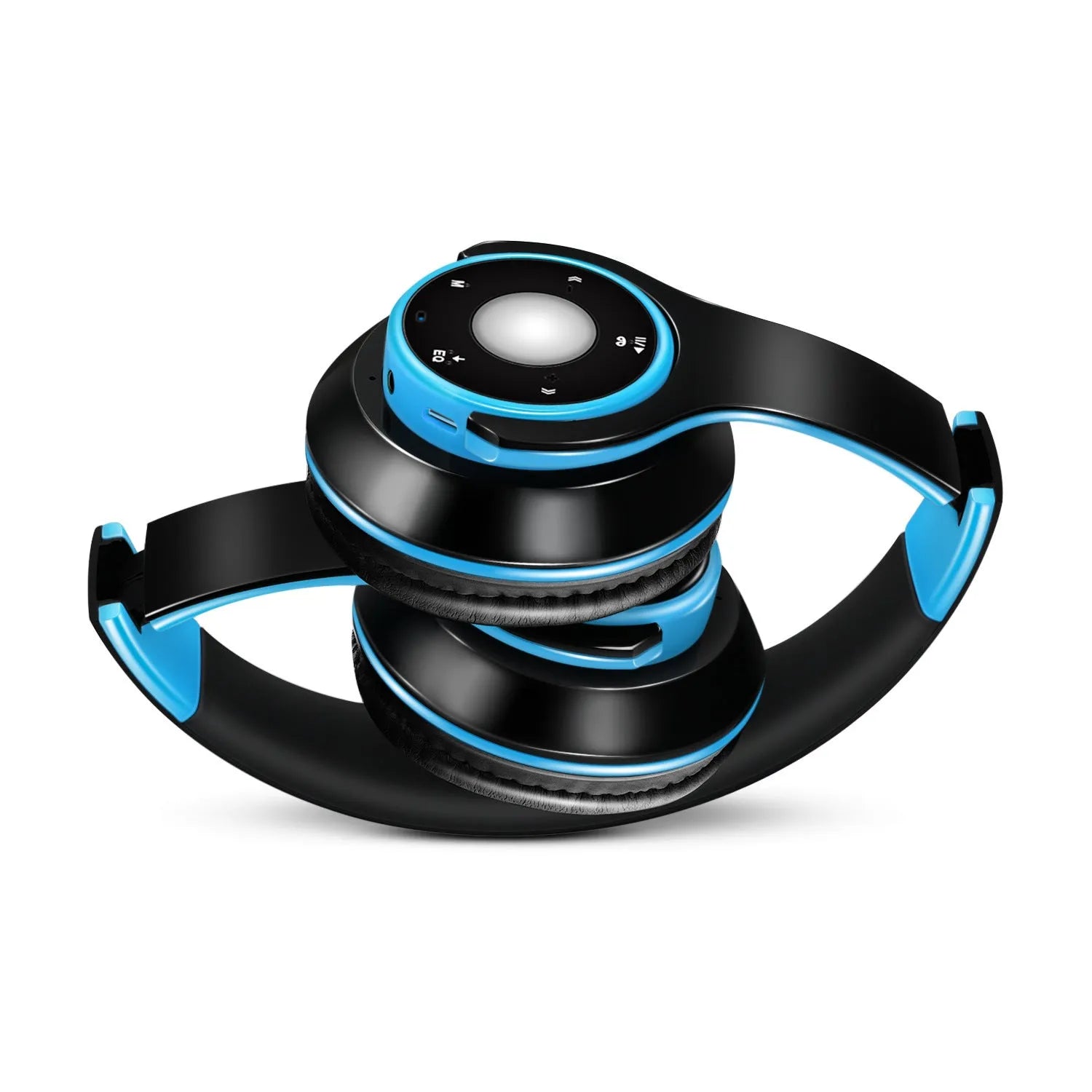 Foldable wireless Bluetooth headphones in blue showing adjustable hinges and 3.5mm cable connection
