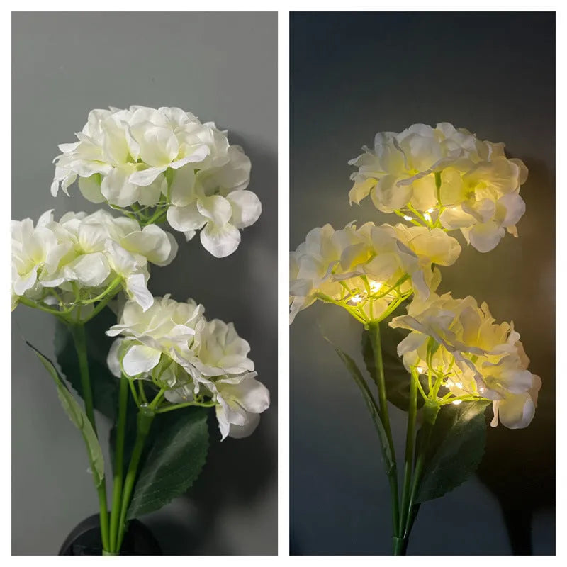 Solar powered hydrangea shaped garden floor light with rubber body in pink purple blue green or white