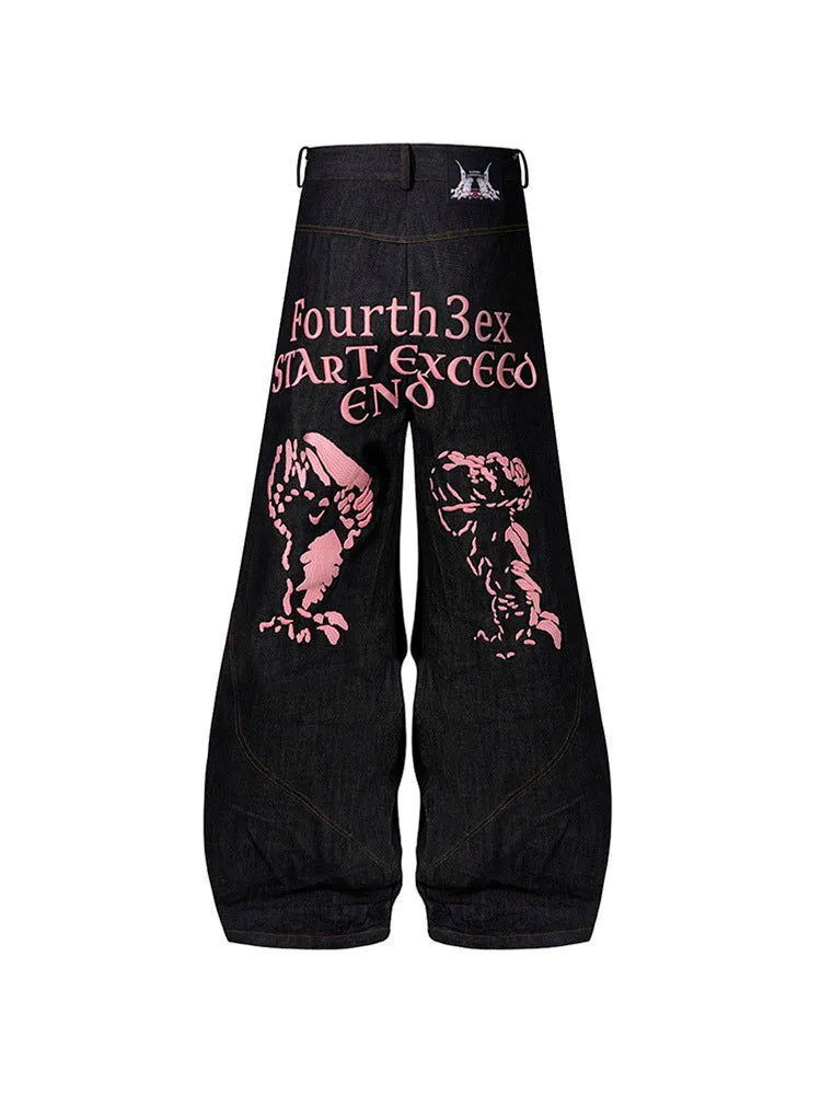 Black wide leg jeans showing loose straight fit and colour-changing embroidered red ear detail.