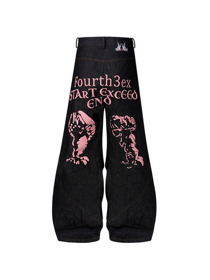 Black wide leg jeans showing loose straight fit and colour-changing embroidered red ear detail.