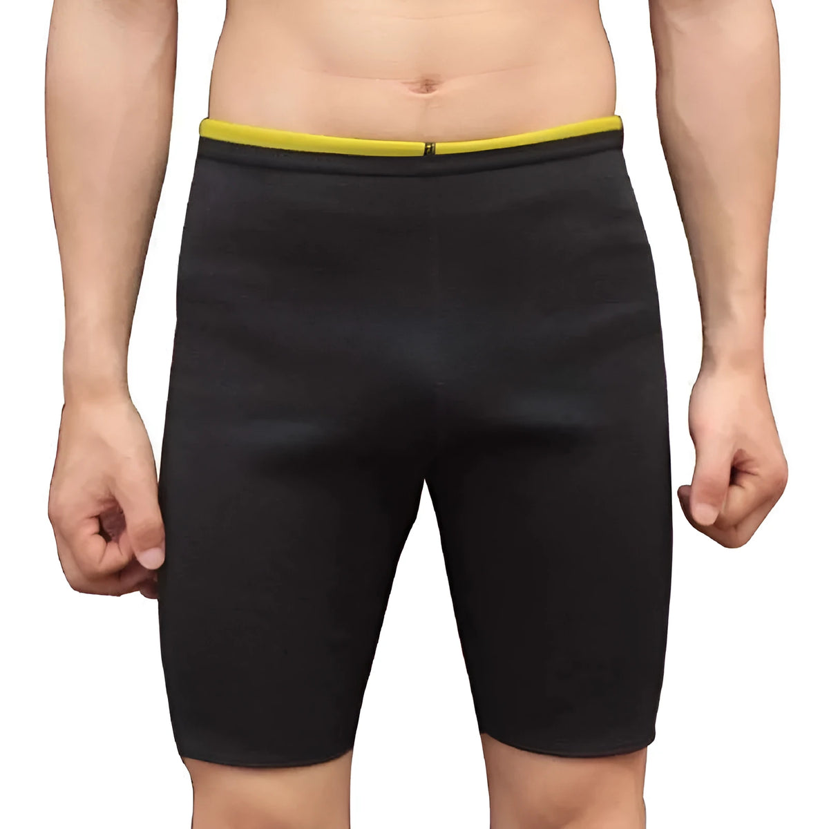 Men's black and yellow SBR sauna shorts with polyester lining, nylon outer and flatlock stitching, sizes S to 4XL.