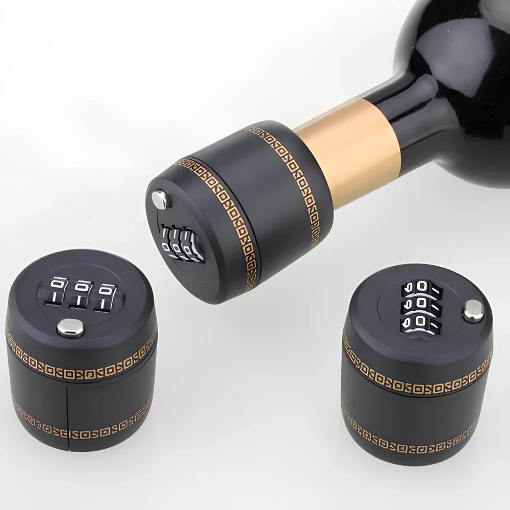 Black plastic wine stopper with combination lock and 43mm vacuum seal for wine preservation