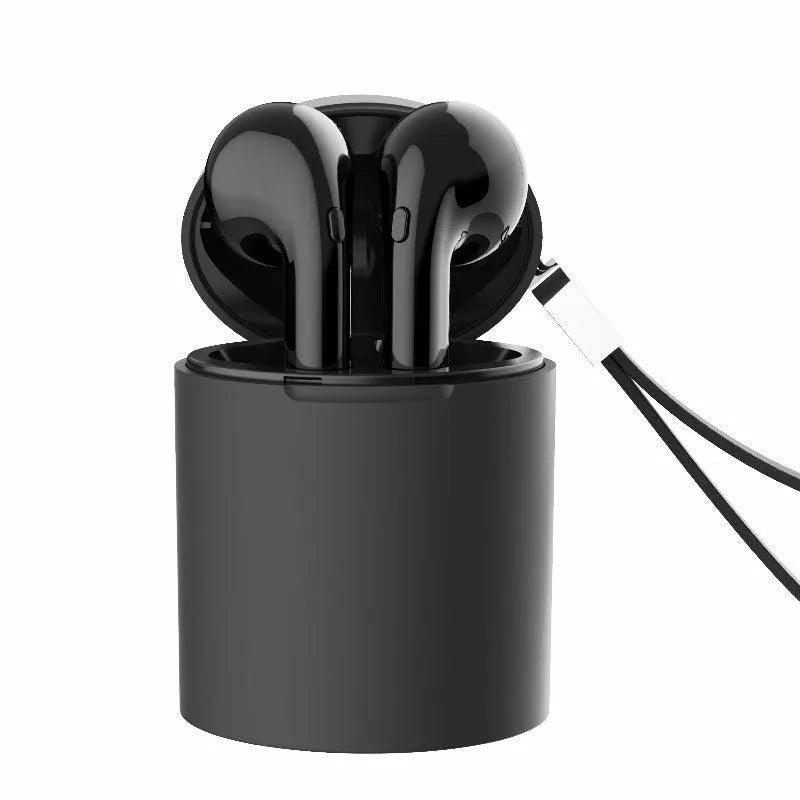 Black wireless neck-mounted sports headphones with magnetic earpieces and charging case