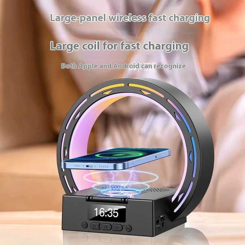 4-in-1 Wireless Bluetooth Speaker with charging pad and bedside lamp in white and black options