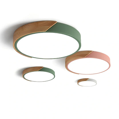30cm round LED ceiling light with remote control showing three colour options