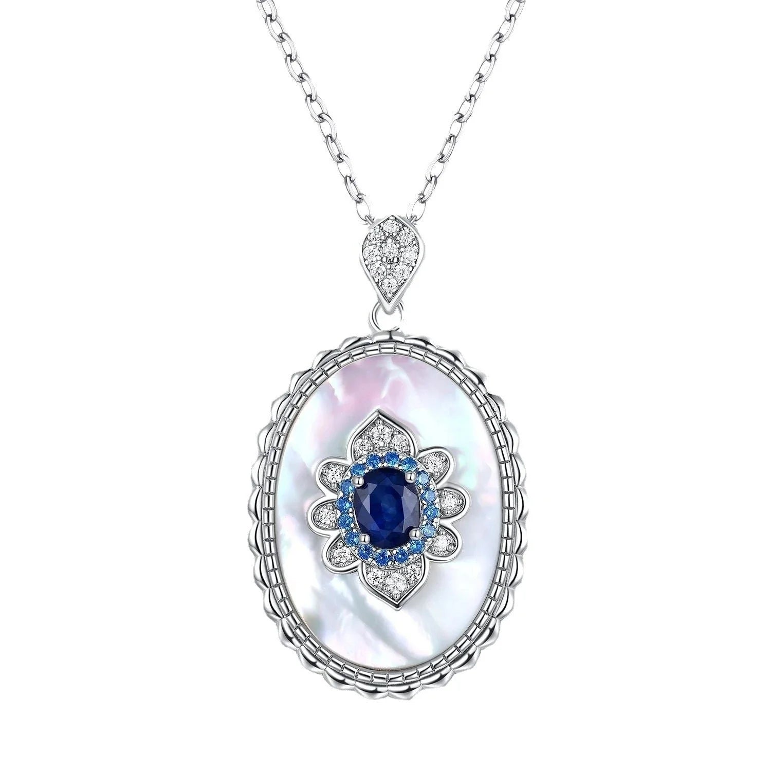 Elegant sapphire and diamond pendant necklace in 925 sterling silver, featuring a sparkling gemstone design and adjustable chain.