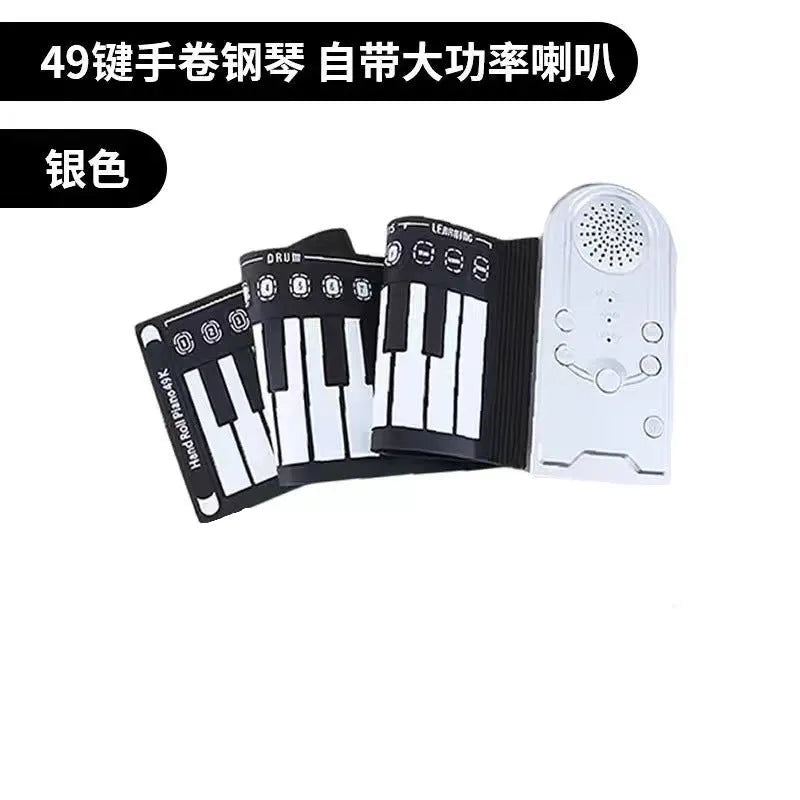 49-key portable folding electronic keyboard in gloss black, showing hand-roll design and compact 28cm size