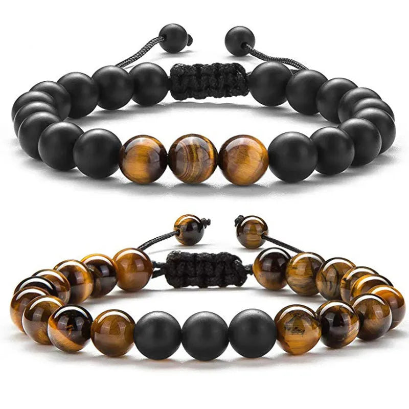 Tiger eye couple bracelets with matte black agate beads in geometric design