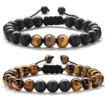 Tiger eye couple bracelets with matte black agate beads in geometric design