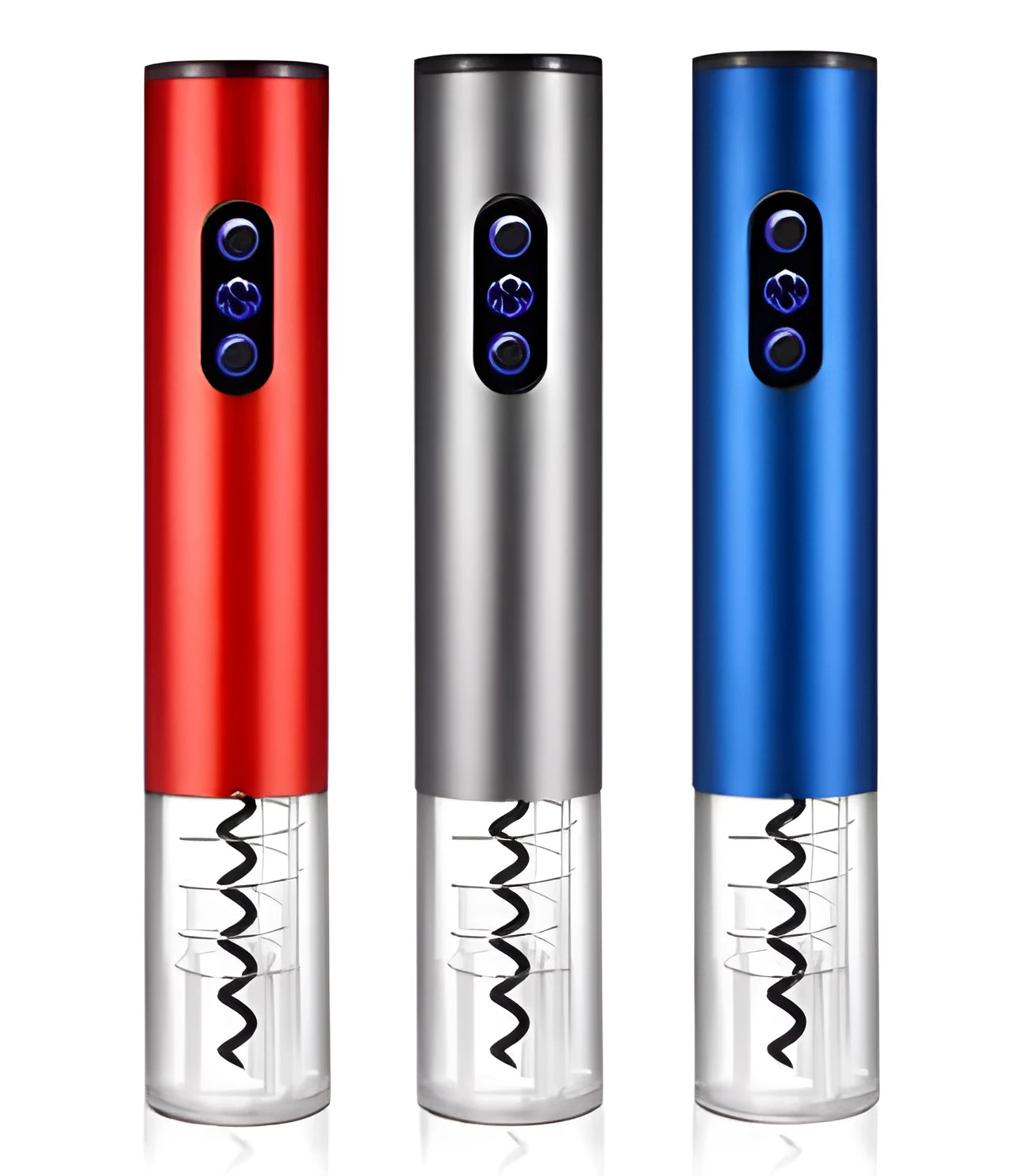 Silver electric wine bottle opener with integrated foil cutter on kitchen counter