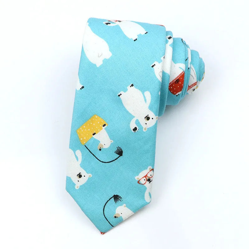 Korean style narrow men's cotton bow tie with a printed cartoon pattern on an adjustable fabric strap.
