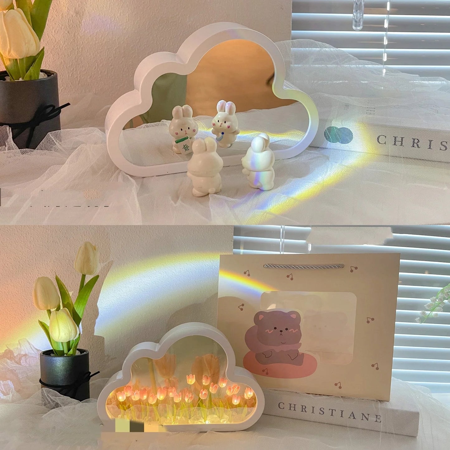 DIY Tulip Night Lamp with decorative mirrors and LED lighting in pink, purple, and blue