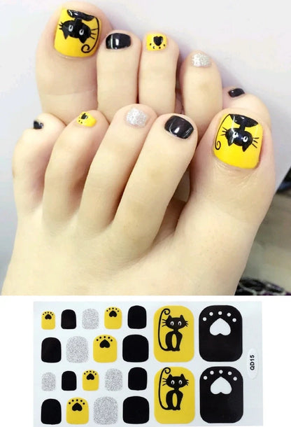 Waterproof foot nail sticker sheet in pink, silver, wine red, and yellow colours measuring 10cm × 15cm