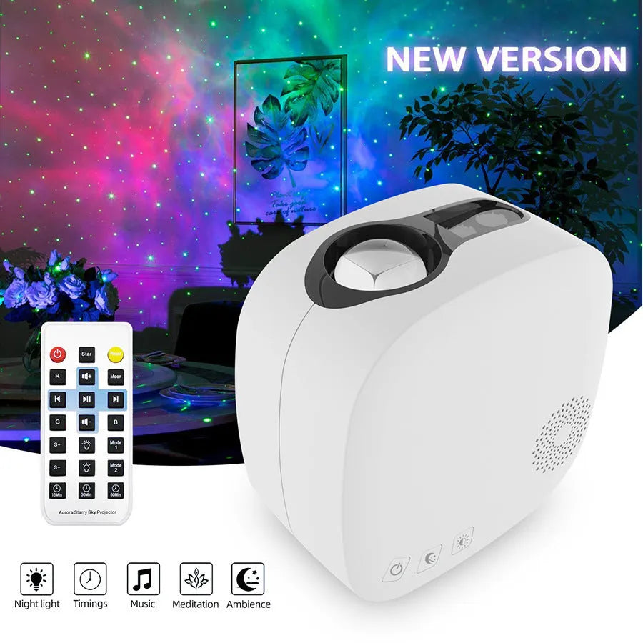 Black and white laser starry sky projection lamp showing nebula moon patterns on ceiling