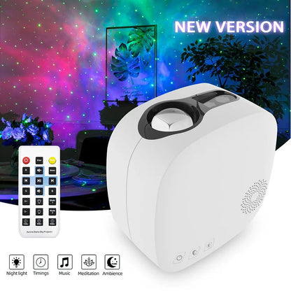 Black and white laser starry sky projection lamp showing nebula moon patterns on ceiling