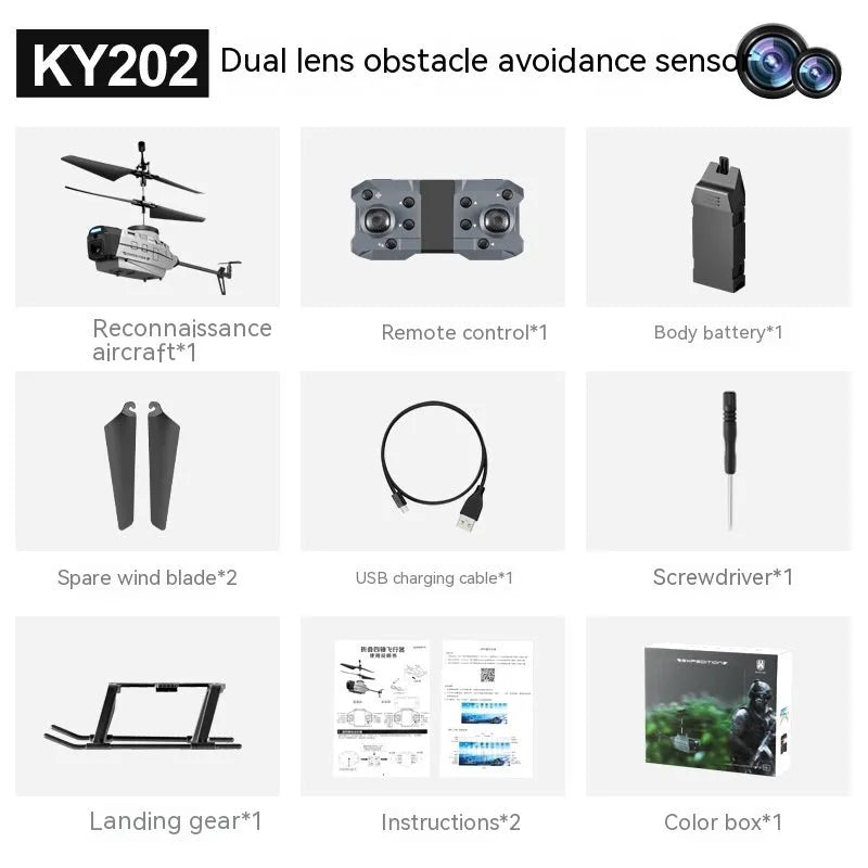 Heifeng grey plastic obstacle avoidance helicopter drone with coloured LEDs, remote control, and spare blades