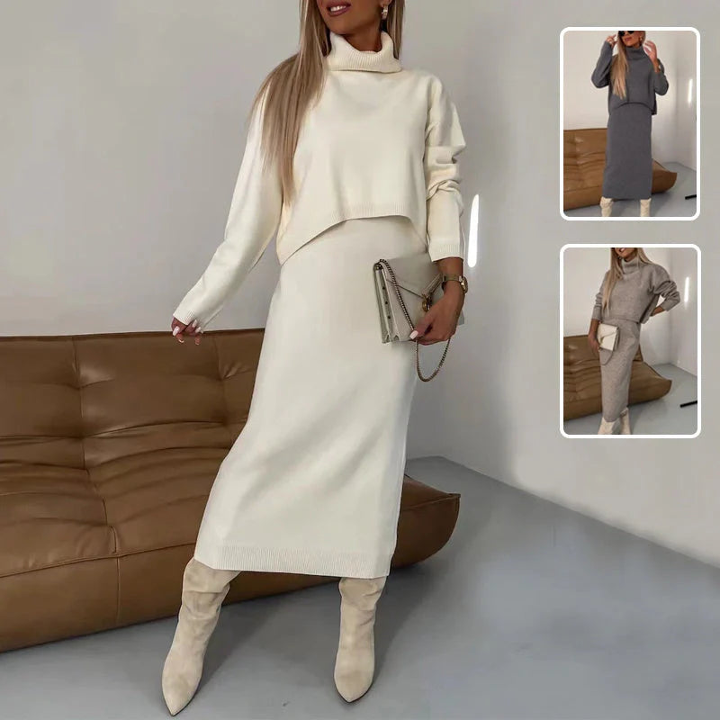 Winter women's 2-piece sweater suit with turtleneck pullover and sleeveless long dress