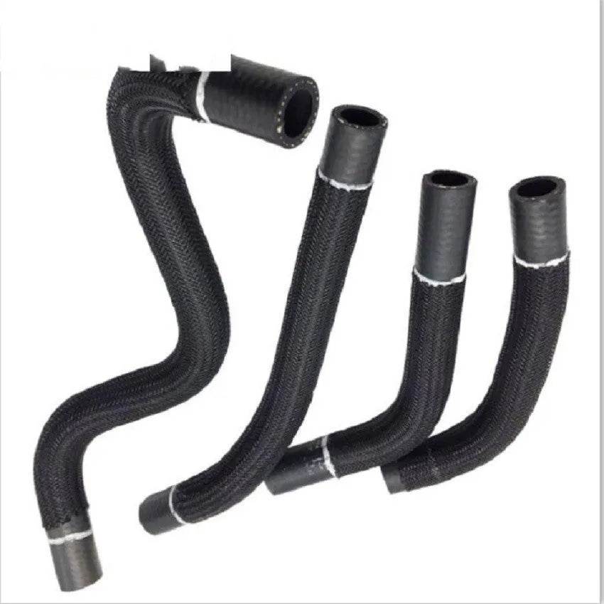 Black self-winding polyester mesh sleeve for automotive wire and hose protection, shown in various diameters.