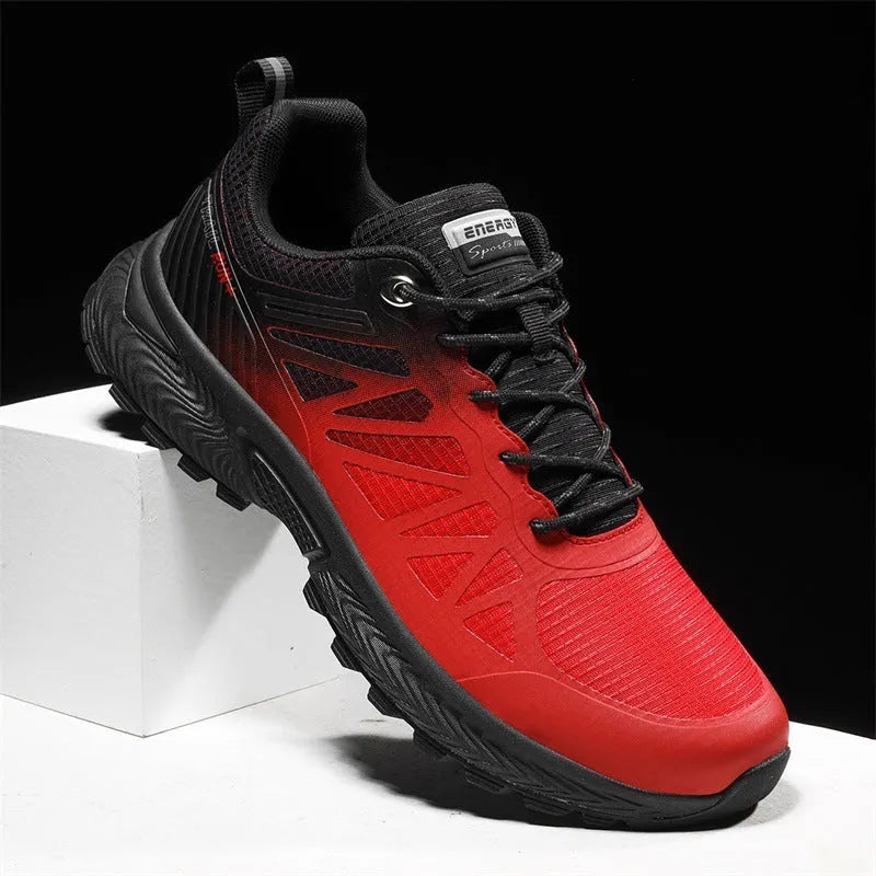 Men's black outdoor running shoes with mesh surface and lace-up closure on neutral background
