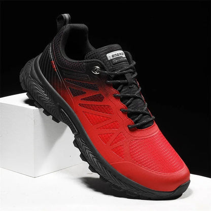 Men's black outdoor running shoes with mesh surface and lace-up closure on neutral background
