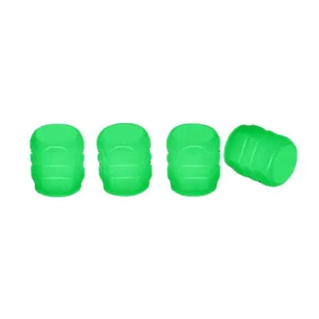 Tyre luminous valve caps in glow-in-the-dark rubber for tyre valve stems, available in 5 colours: light green, light blue, red, yellow, and pink, with pack options from 1 to 8 caps per colour.