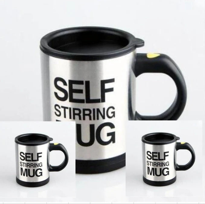 Self-stirring magnetic mug in stainless steel with food-grade PP plastic lid