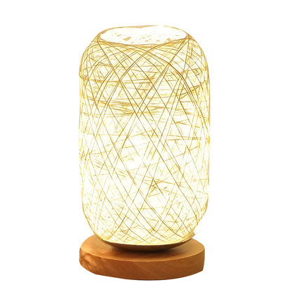 Twine Sepak Takraw desk lamp with hemp rope shade and solid wood base
