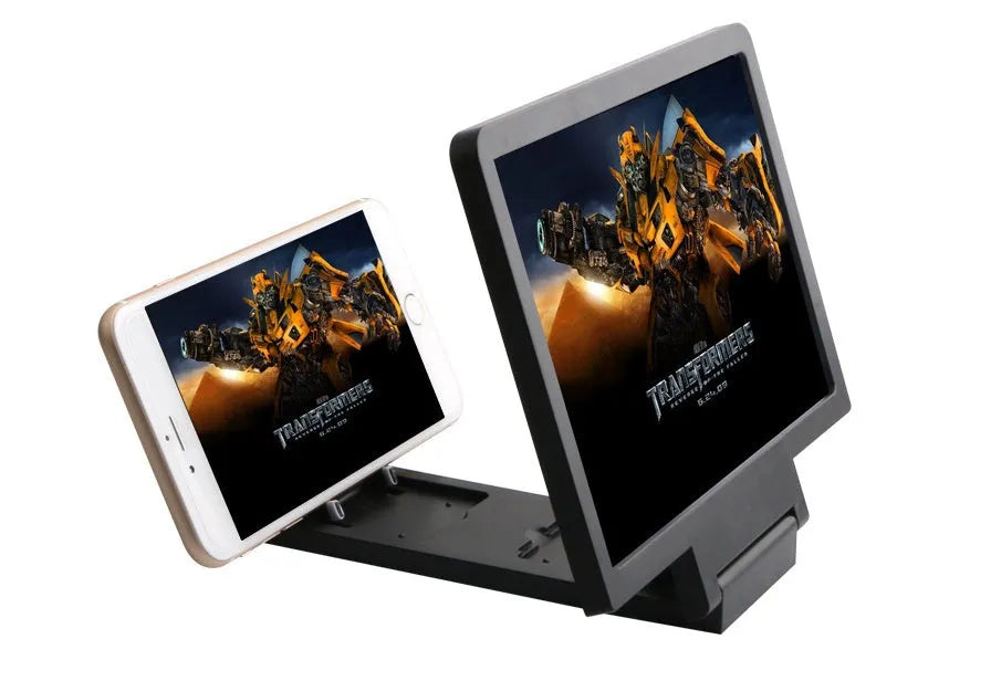Black and white portable screen amplifier for mobile phones, 18cm long.
