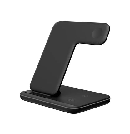 Three-in-one 15W wireless charging stand for mobile phone, smartwatch and earbuds in black