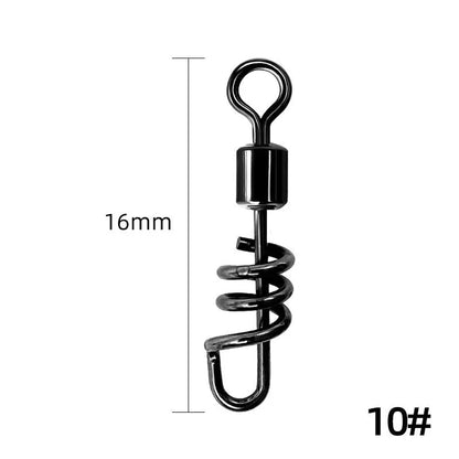 Stainless steel fishing swivel connector with an 8-shaped ring and copper crimp barrel on a blue background.