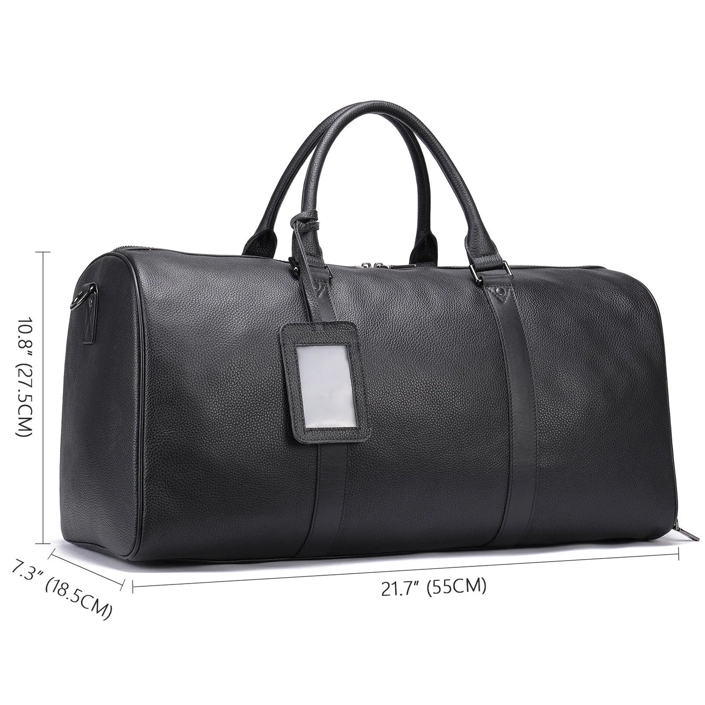 Men's leather excursion tote bag showing 44cm and 55cm size options in black and coffee colours
