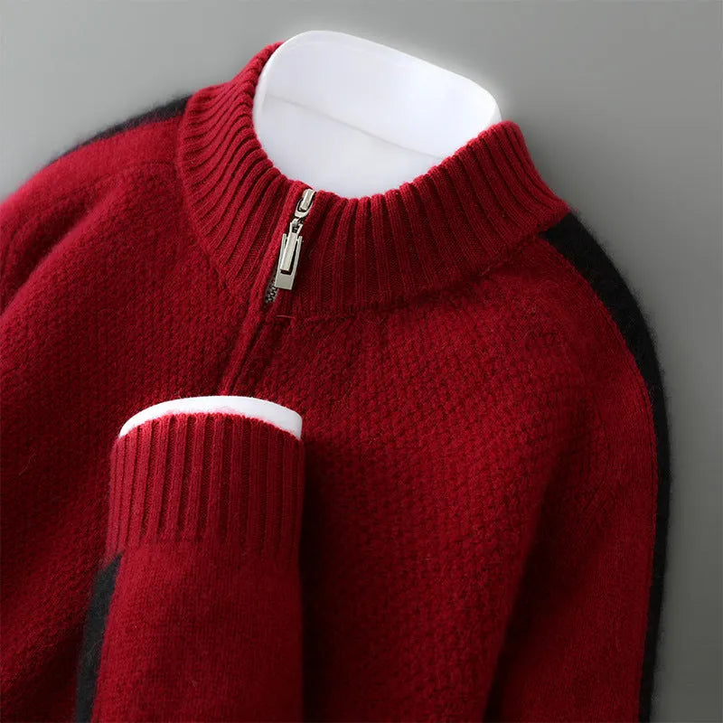 Sheep wool half-zip knitted sweater in slim fit, available in sizes S to XXL for leisure wear.
