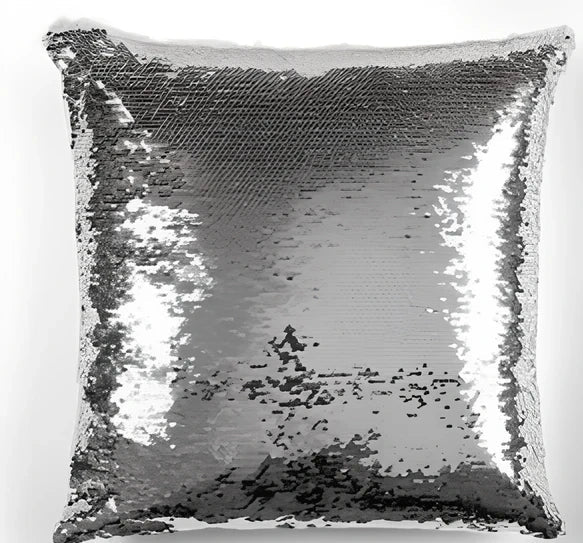 Custom photo sequin cushion cover measuring 40cm square with reversible gold silver luminous surface