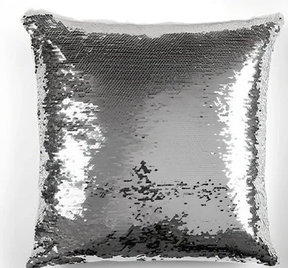 Custom photo sequin cushion cover measuring 40cm square with reversible gold silver luminous surface