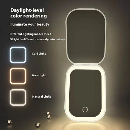 White foldable cosmetic mirror with LED lights showing 10.4x7.5cm glass lens and 105x75mm frame