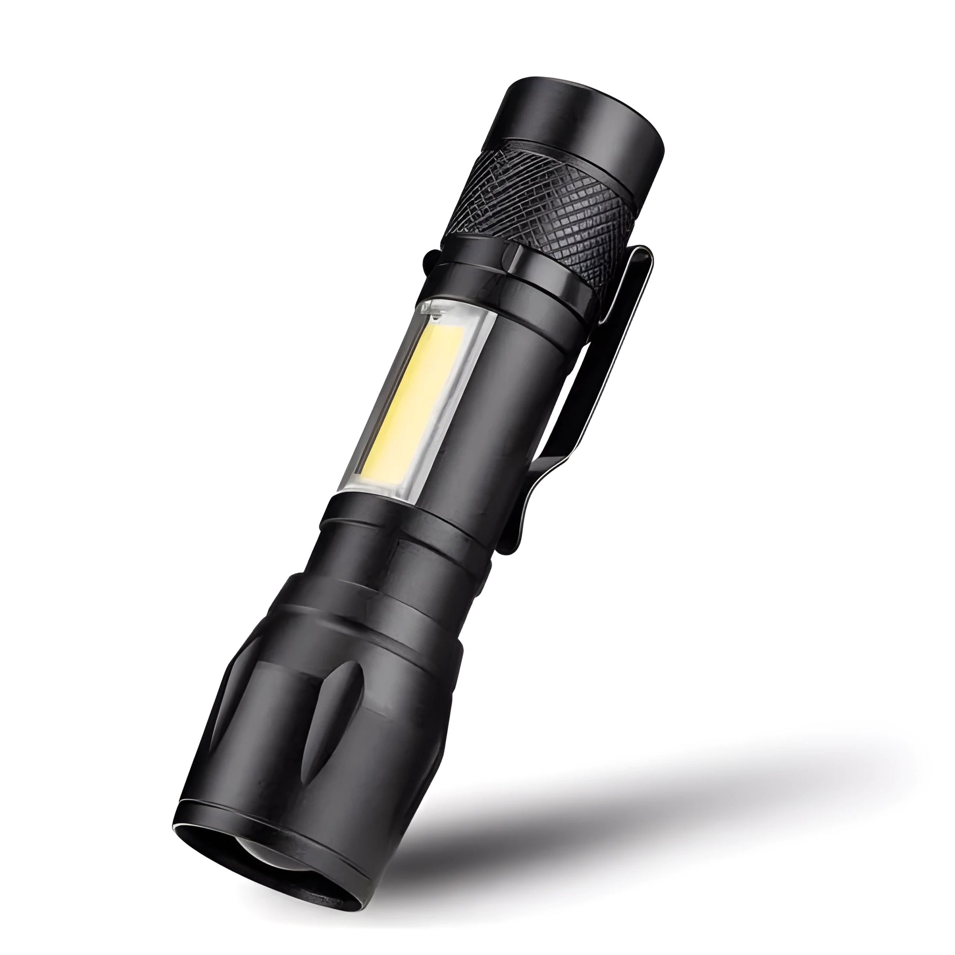 Mini black aluminium alloy telescopic LED flashlight with clip and zoom adjustment