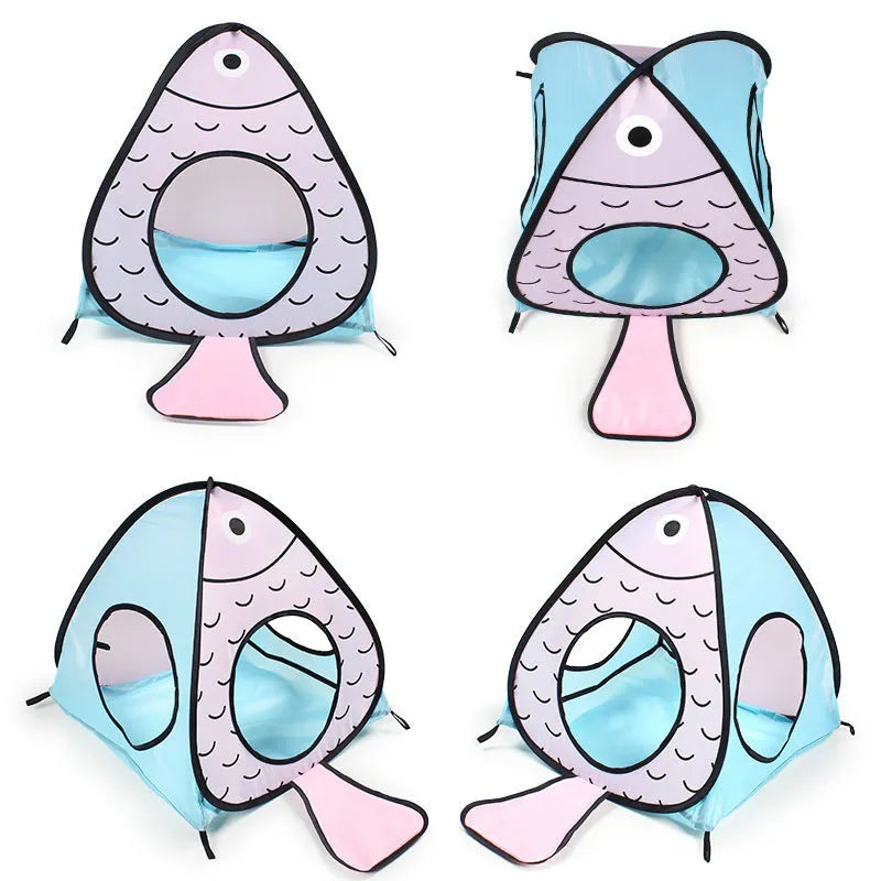 Collapsible grey pet tunnel with cat and fish graphic, shown folded and unfolded