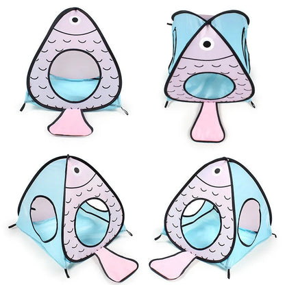 Collapsible grey pet tunnel with cat and fish graphic, shown folded and unfolded
