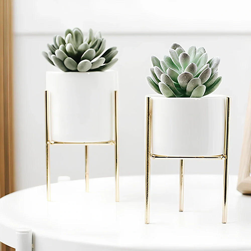 Black iron frame with white ceramic succulent flowerpot in 12.5cm and 16.5cm diameter sizes