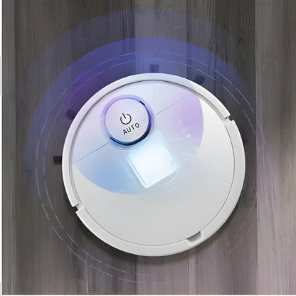 Automatic floor sweeping robot with a 28cm diameter, shown cleaning dust and hair.