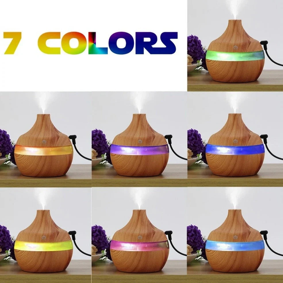 Compact wood grain USB humidifier with 300ml capacity, yellow wood-grain finish, LED lights, for aromatherapy misting