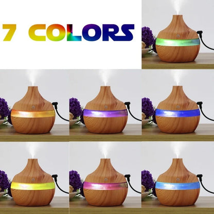 Compact wood grain USB humidifier with 300ml capacity, yellow wood-grain finish, LED lights, for aromatherapy misting