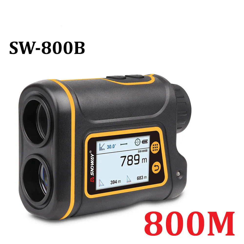 Outdoor handheld golf rangefinder showing compact design with display screen and measurement buttons