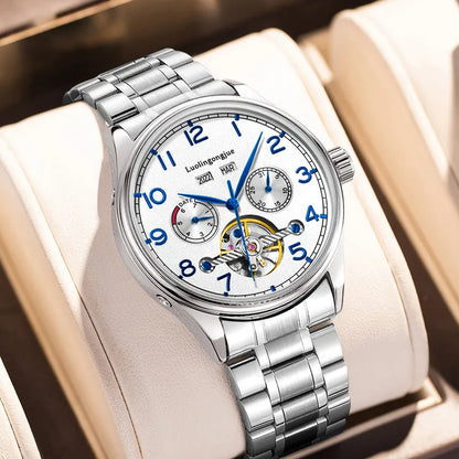 Men's stainless steel mechanical watch with sapphire crystal glass and leather strap showing transparent caseback