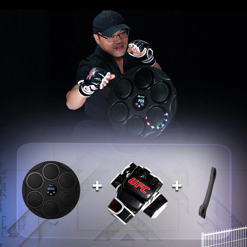 Smart Bluetooth boxing target with coloured LED lights mounted on wall for home fitness training