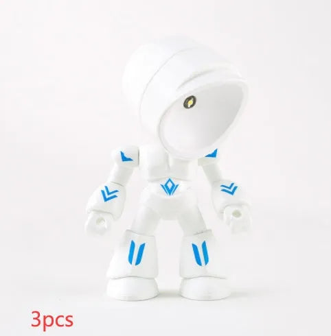 Mini mecha robot hero LED night light with adjustable arms on a desk.