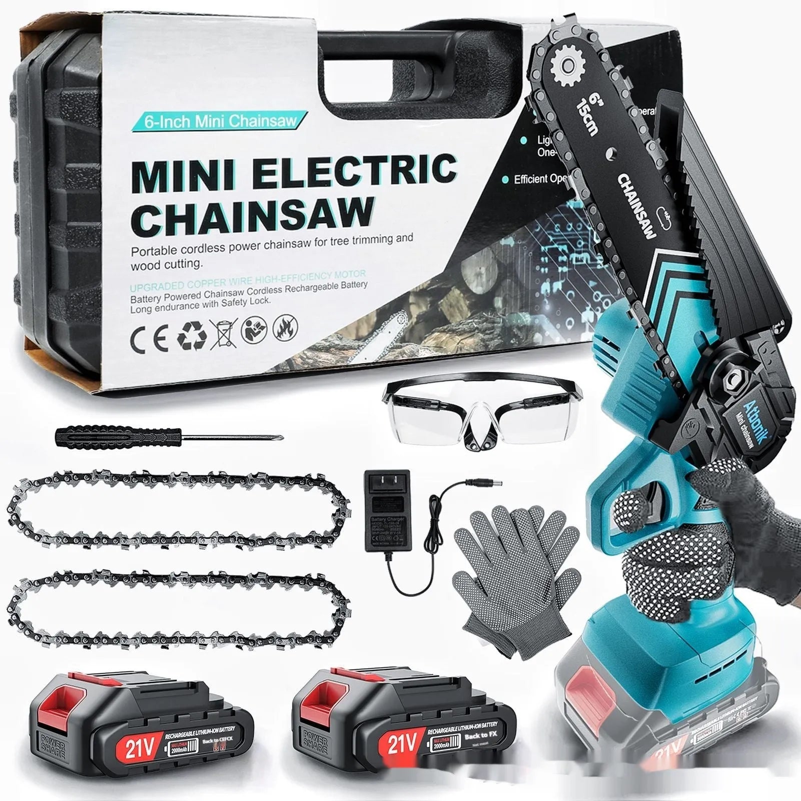 Handheld wireless electric chainsaw with 6-inch chain, batteries, safety goggles, gloves, and storage box