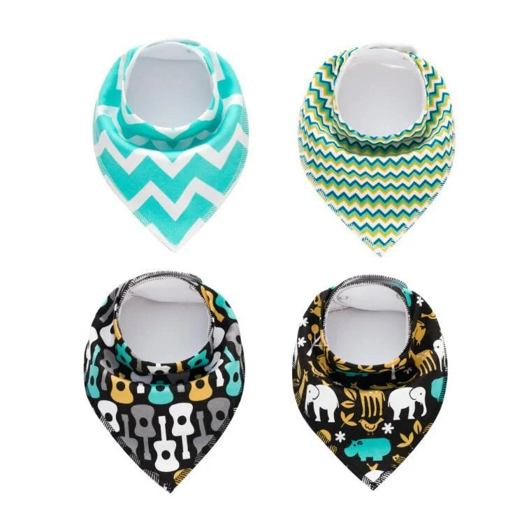 Set of four cotton baby bibs with arrow and wave designs for mess-free feeding